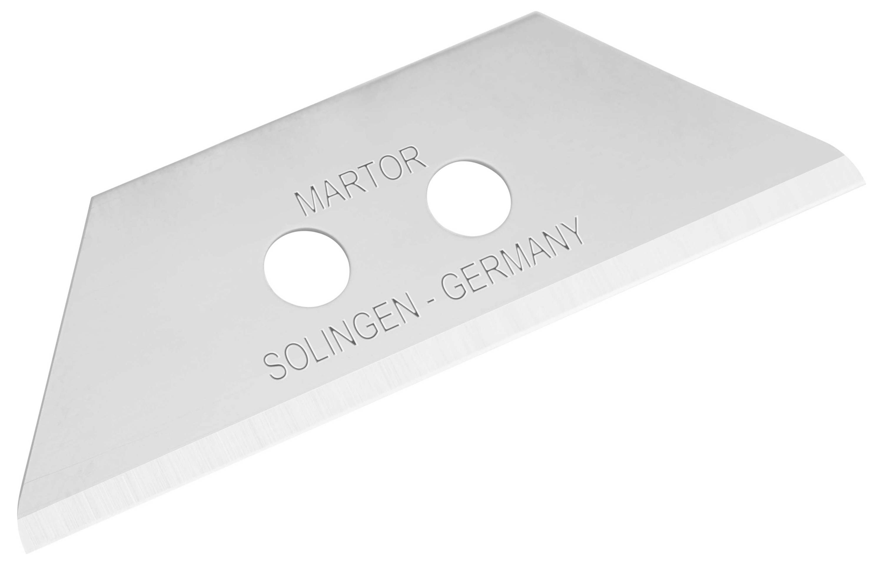 'Klingenmesser aus Edelstahl mit zwei runden Löchern, Aufschrift: MARTOR SOLINGEN - GERMANY. Verwendet für Sicherheitsmesser.'