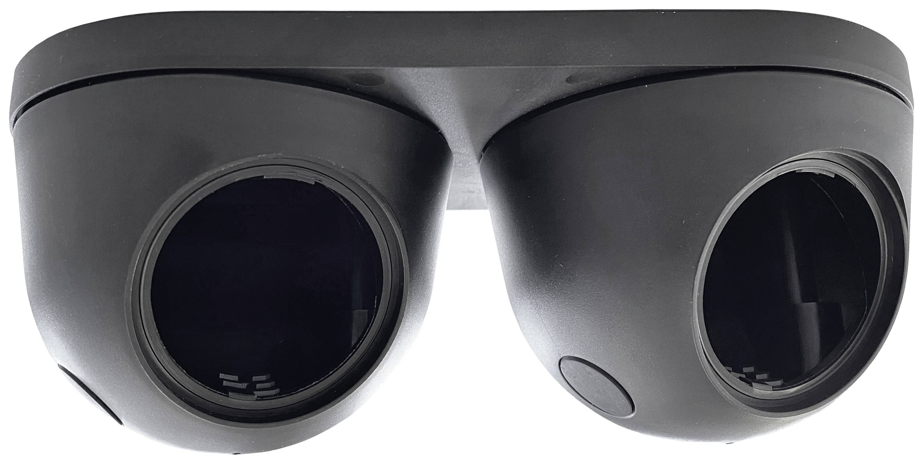 Schwarzes, doppelläufiges technisches Gerät, möglicherweise eine Kamera oder Sensor, in Nahaufnahme von unten.