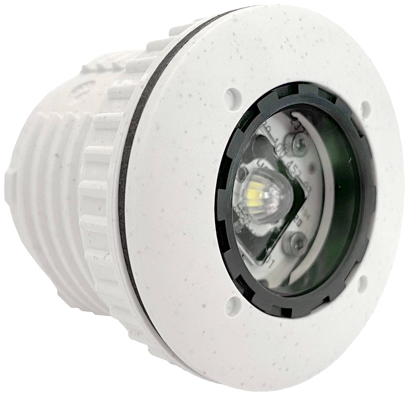 Ein runder, weißer LED-Scheinwerfer in Nahaufnahme. Der Schwerpunkt liegt auf der Linse und der LED im Inneren der Fassung.