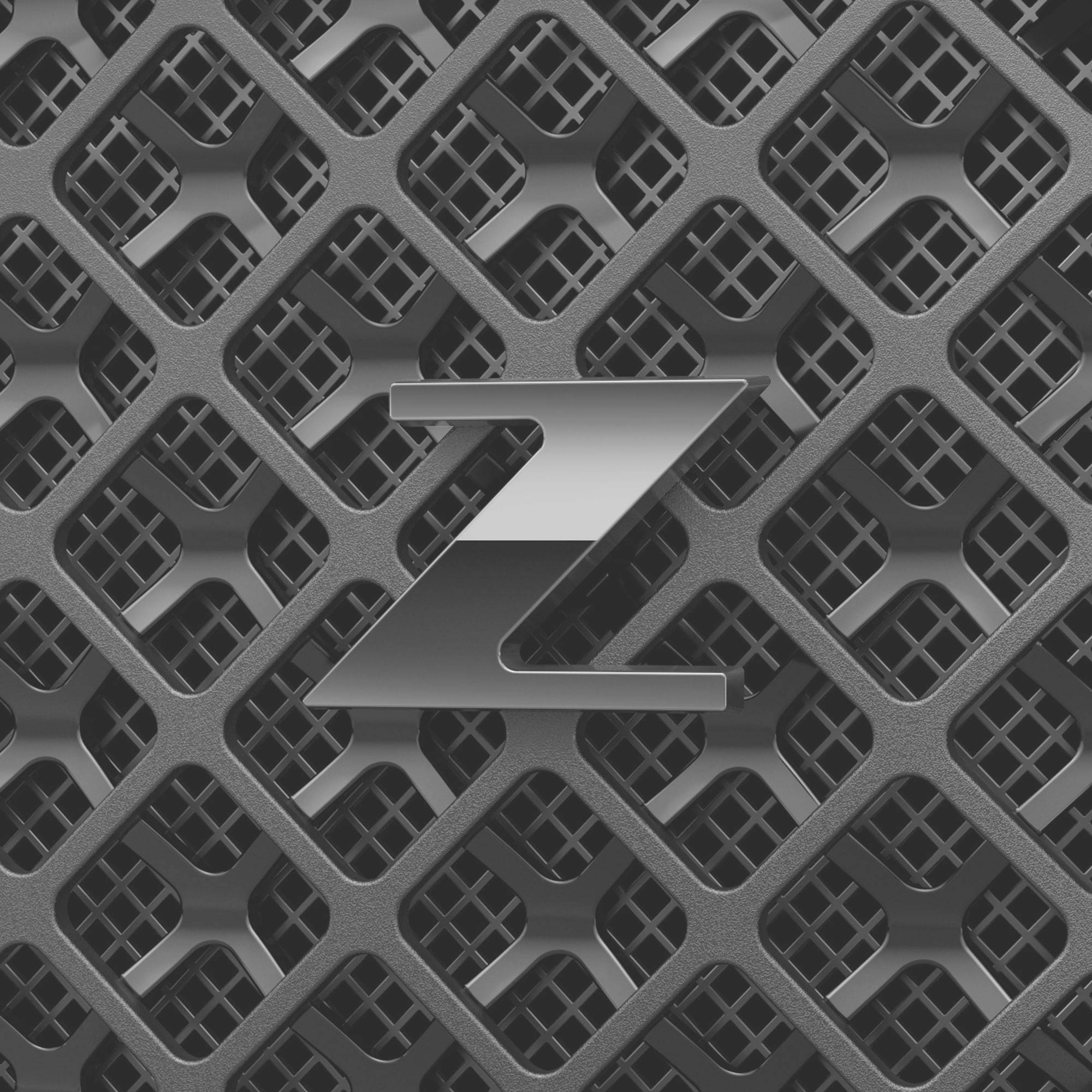 Schwarzes, geometrisches Gittermuster mit dreidimensionalem Z in der Mitte, das an moderne Technologie erinnert.