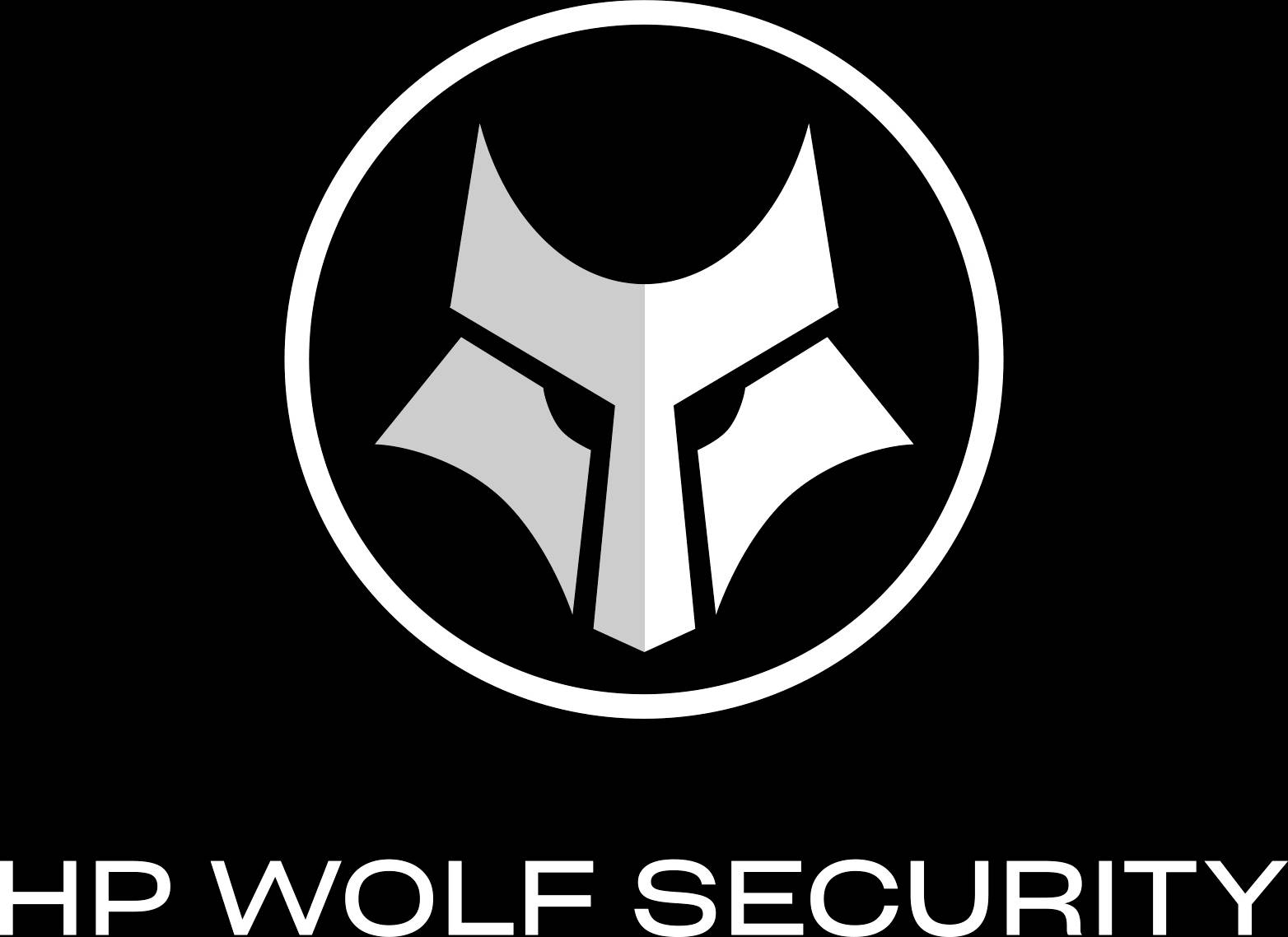Logo von HP Wolf Security, zeigt stilisierten Wolfskopf in einem Kreis auf schwarzem Hintergrund. Text 'HP WOLF SECURITY' darunter.