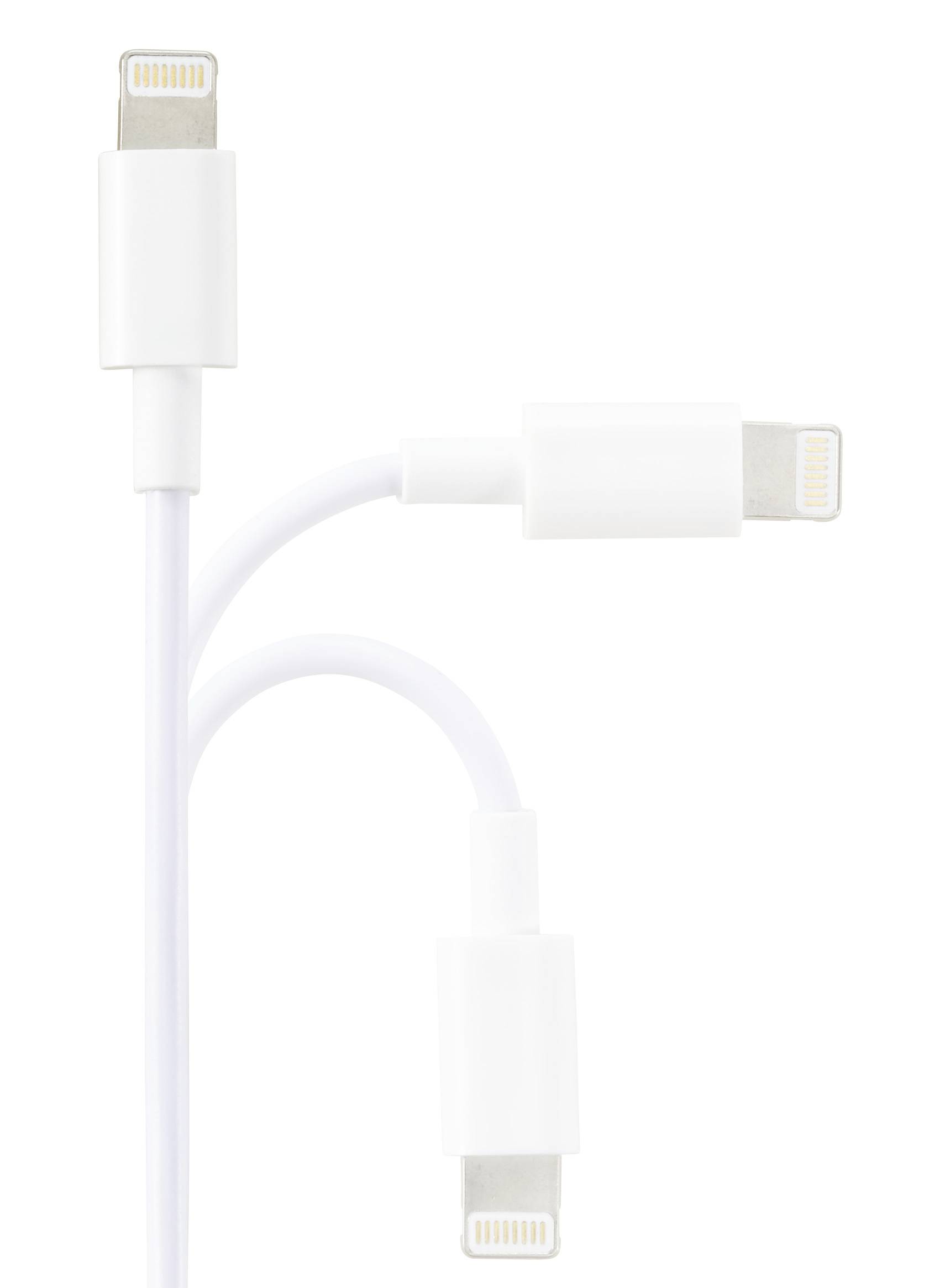 Drei weiße Lightning-Kabel, die in unterschiedliche Richtungen zeigen, auf weißem Hintergrund.