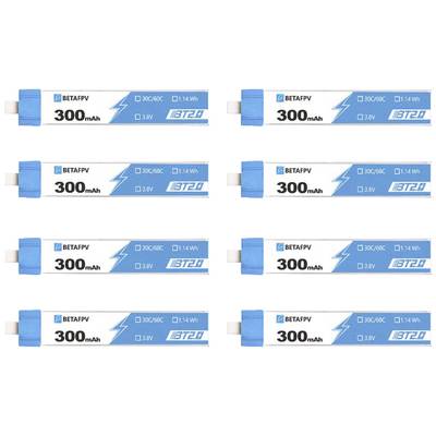 'Acht blaue Akkupacks der Marke Betafpv mit 300mAh und 3,8V. Die Akkus sind in zwei Reihen angeordnet. Links ein blauer Blitz als Logo.'