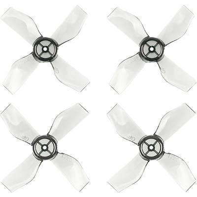 Vier transparente, schraubenförmige Propeller, die in einem quadratischen Muster angeordnet sind, auf einem weißen Hintergrund.