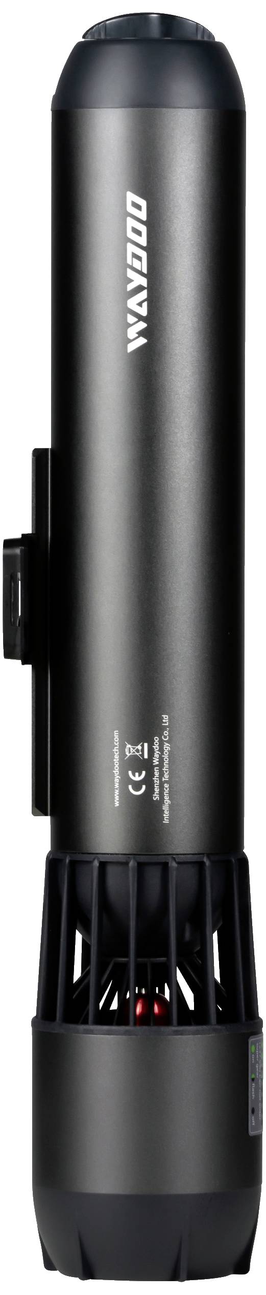 Eine schwarze Flaschenlichtanlage mit 'WAKOODA'-Logo, zylindrisch geformt, geeignet für elektrische Verbindungen, CE-zertifiziert.