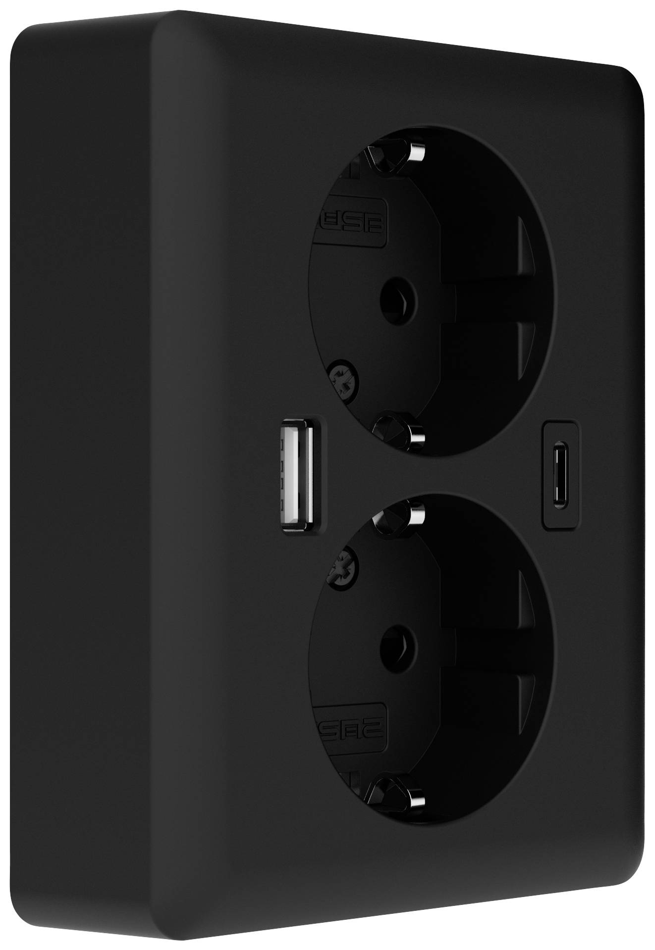 Schwarze Doppelsteckdose mit zwei runden Öffnungen und zwei USB-Anschlüssen an der Vorderseite, für elektrischen Anschluss und Aufladen.