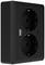 Schwarze Doppelsteckdose mit zwei runden Öffnungen und zwei USB-Anschlüssen an der Vorderseite, für elektrischen Anschluss und Aufladen.