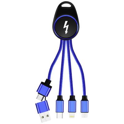 Multifunktionales Ladekabel mit drei blauen Anschlüssen für USB, Lightning und USB-C. Geeignet für verschiedene Geräte.