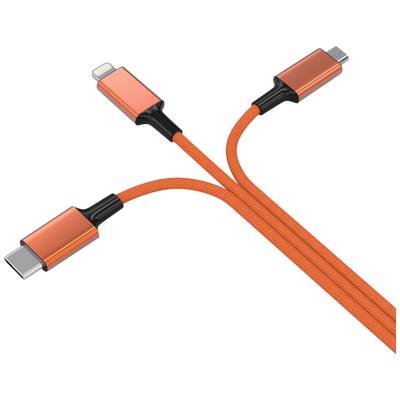 'Dreifach-Ladekabel in Orange mit USB-C, Lightning und Micro-USB-Steckern.'
