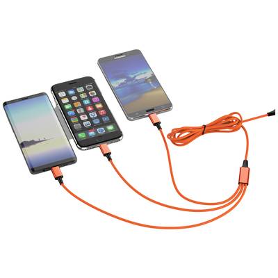 Drei Smartphones mit leuchtend orangefarbenen Ladekabeln angeschlossen. Jedes Kabel hat einen einzigen Stecker, der zu den Geräten führt.
