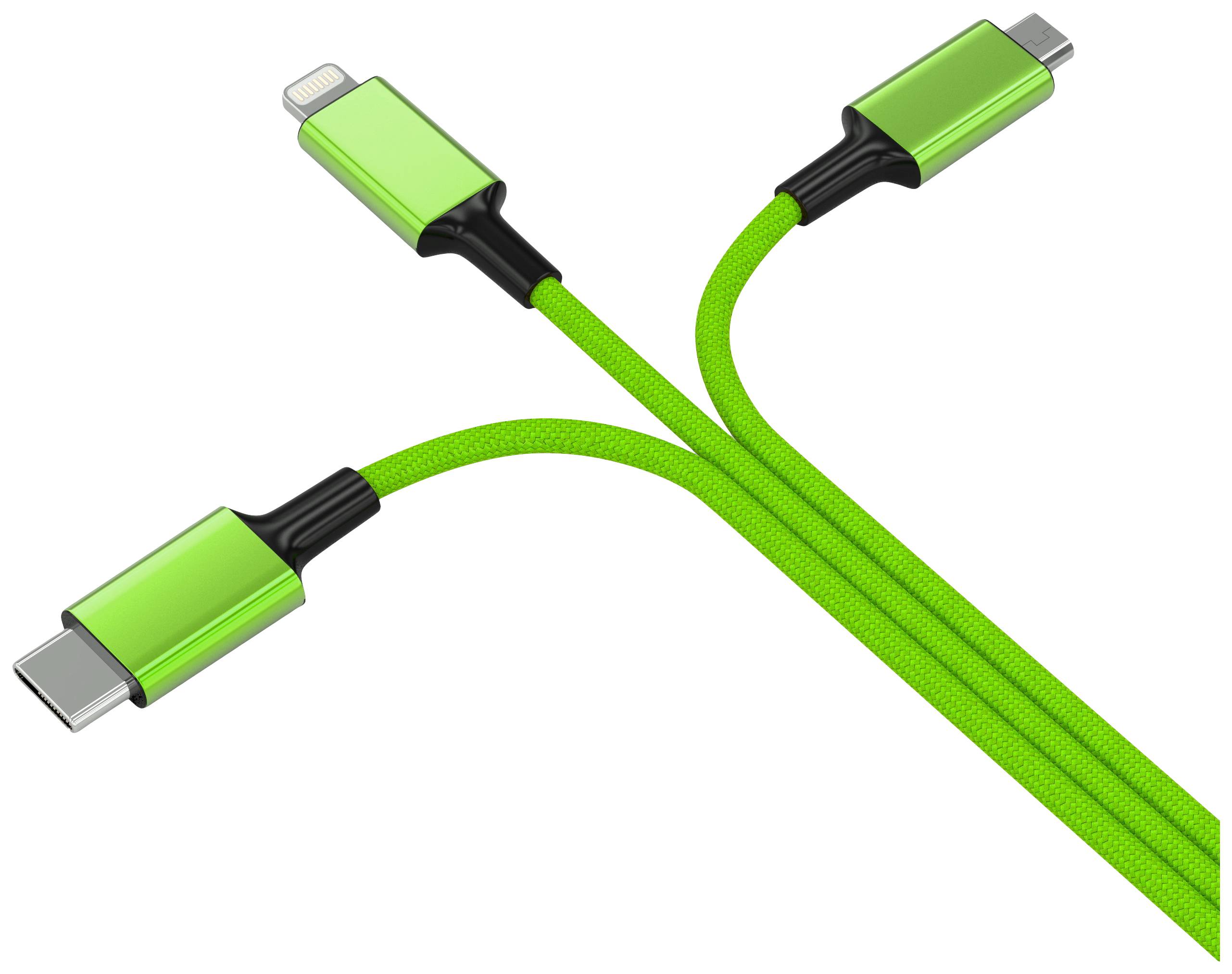 Grünes USB-Kabel mit drei verschiedenen Anschlüssen: USB-C, Lightning und Micro-USB, für vielseitige Verbindungsmöglichkeiten.