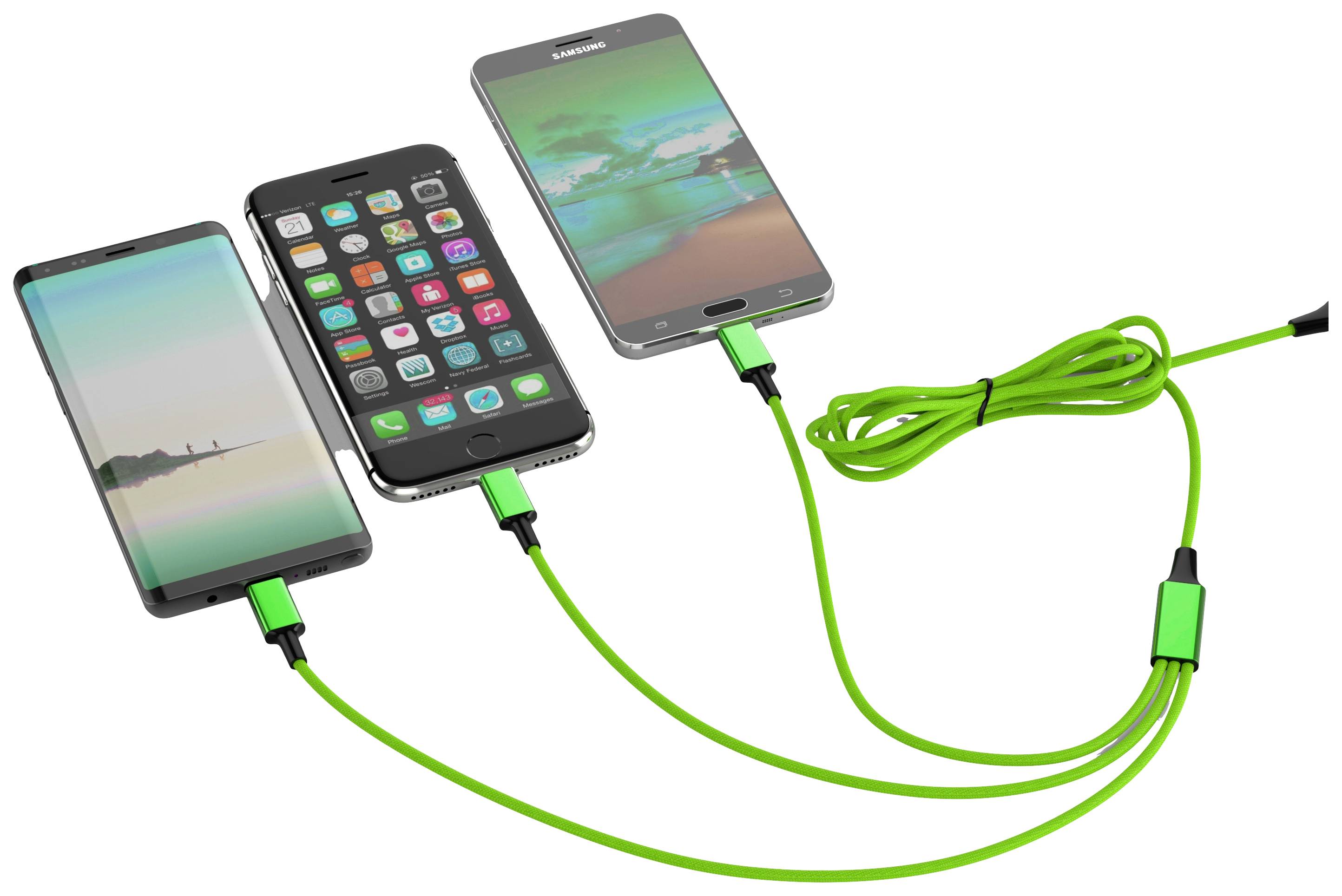 Drei Smartphones werden mit einem grünen Ladekabel verbunden, das sich zu einem Kabel vereint. Kompatibilität für verschiedene Handy-Modelle.