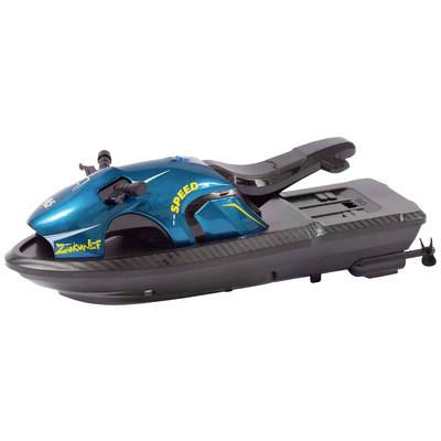 Ein türkis-blaues Modell eines Jetskis mit gelber Aufschrift 'Speed' und 'Zukunft', platziert auf einer dunklen Basis.