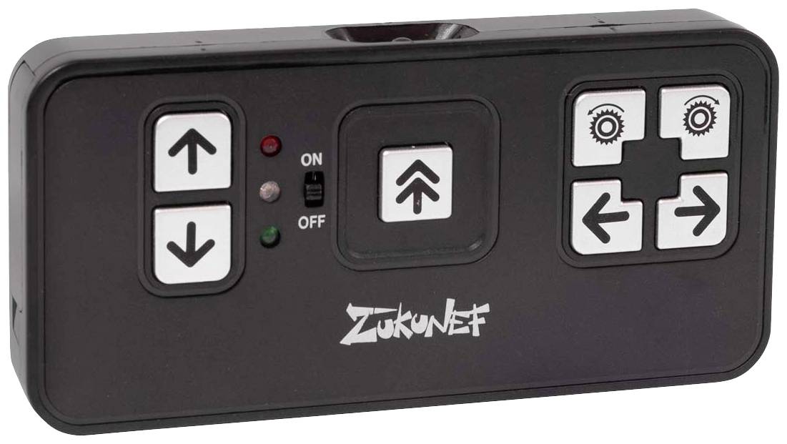 Schwarze Fernbedienung mit weißen Pfeiltasten zum Hoch- und Runterfahren. Schalter für An/Aus. Marke 'ZukunVet' auf der Vorderseite.