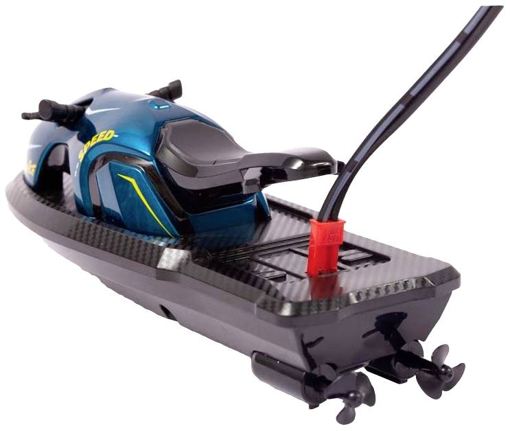 Ein kleines ferngesteuertes motorisiertes Spielzeugboot mit einem blauen Körper und einem schwarzen Rumpf.