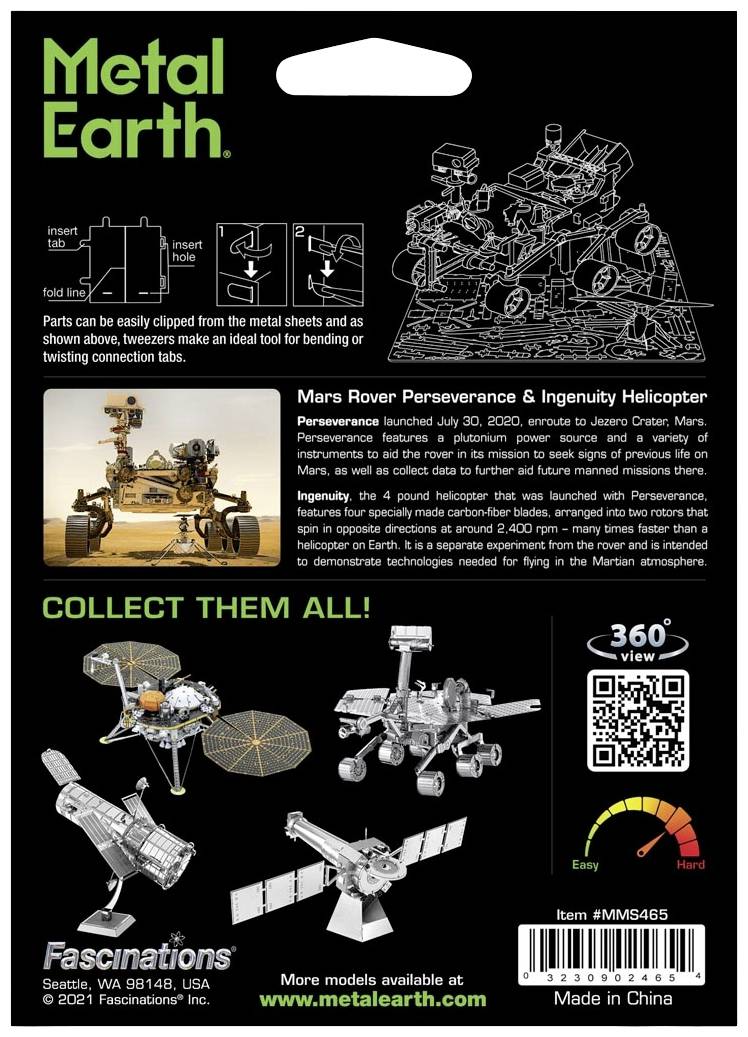 Metal Earth Bausatz für Mars-Rover 'Perseverance' und 'Ingenuity' Hubschrauber mit detaillierter Anleitung und Sammlungsübersicht.