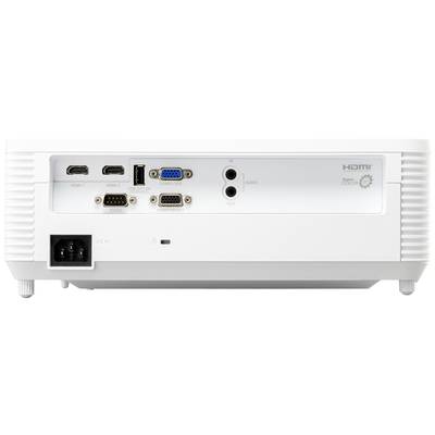 Projektor-Rückseite mit verschiedenen Anschlüssen: zwei HDMI, VGA, Audio In und Out, Netzwerk-, USB- und RS-232-Port.