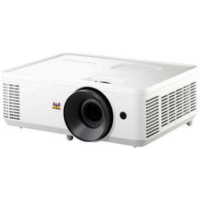 Ein weißer Computerprojektor mit einem großen Objektiv auf der Vorderseite und Lüftungsschlitzen an den Seiten.