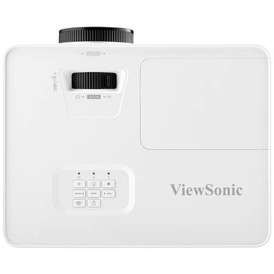 Ein weißer ViewSonic-Projektor von oben, mit Fokus- und Zoom-Regler, Tastenfeld und Logo sichtbar.