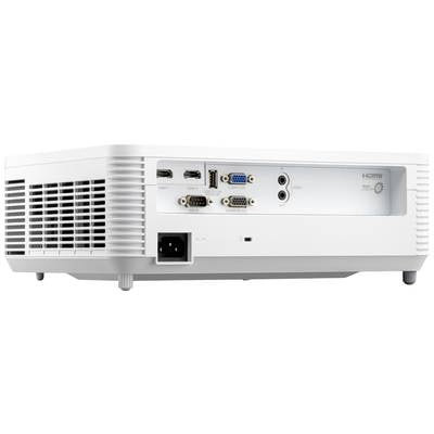 Rückansicht eines weißen Projektors mit verschiedenen Anschlüssen, einschließlich HDMI, VGA und USB, zur Verbindung mit externen Geräten.