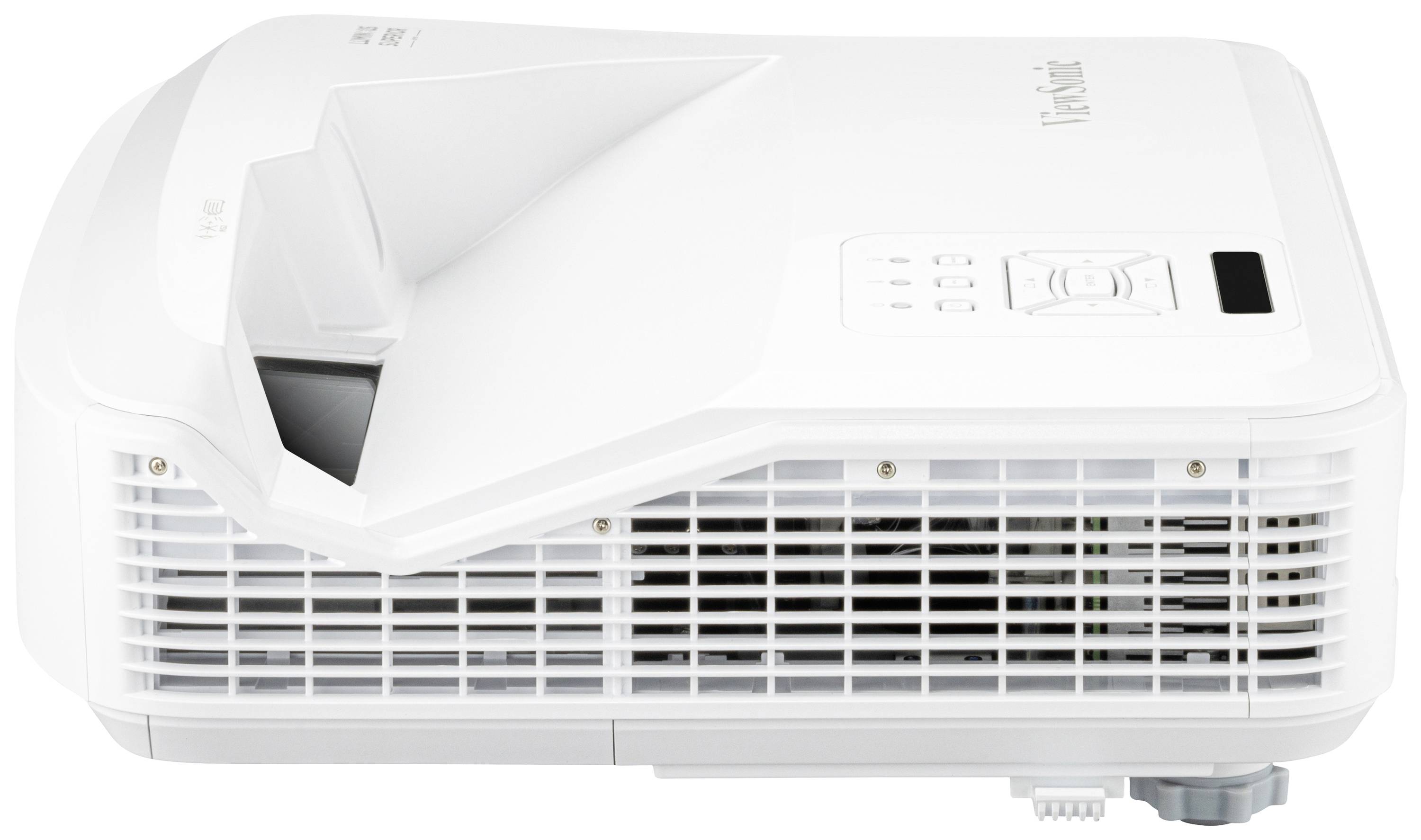 Ein weißer Projektor mit Belüftungsgittern an der Seite, geeignet für Präsentationen oder Heimkino.