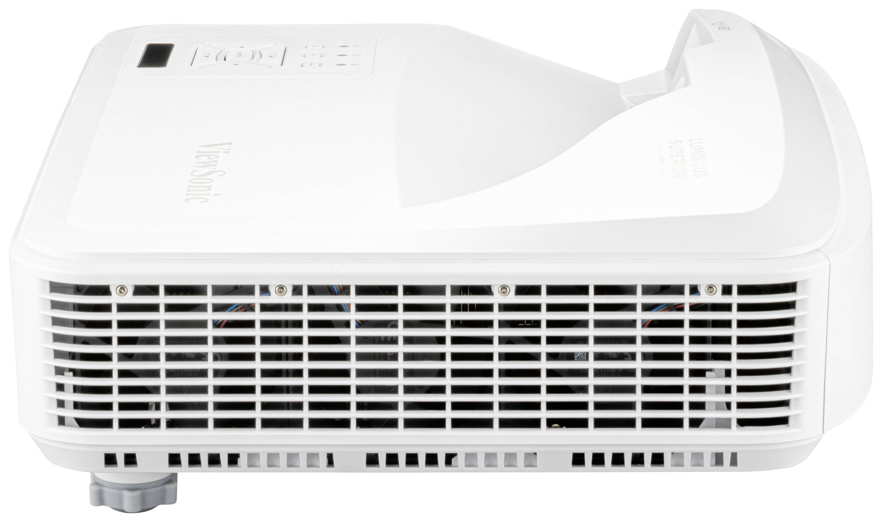 Ein weißer Projektor mit Lüftungsschlitzen an der Seite, geeignet für Präsentationen und Heimkinoanwendungen.