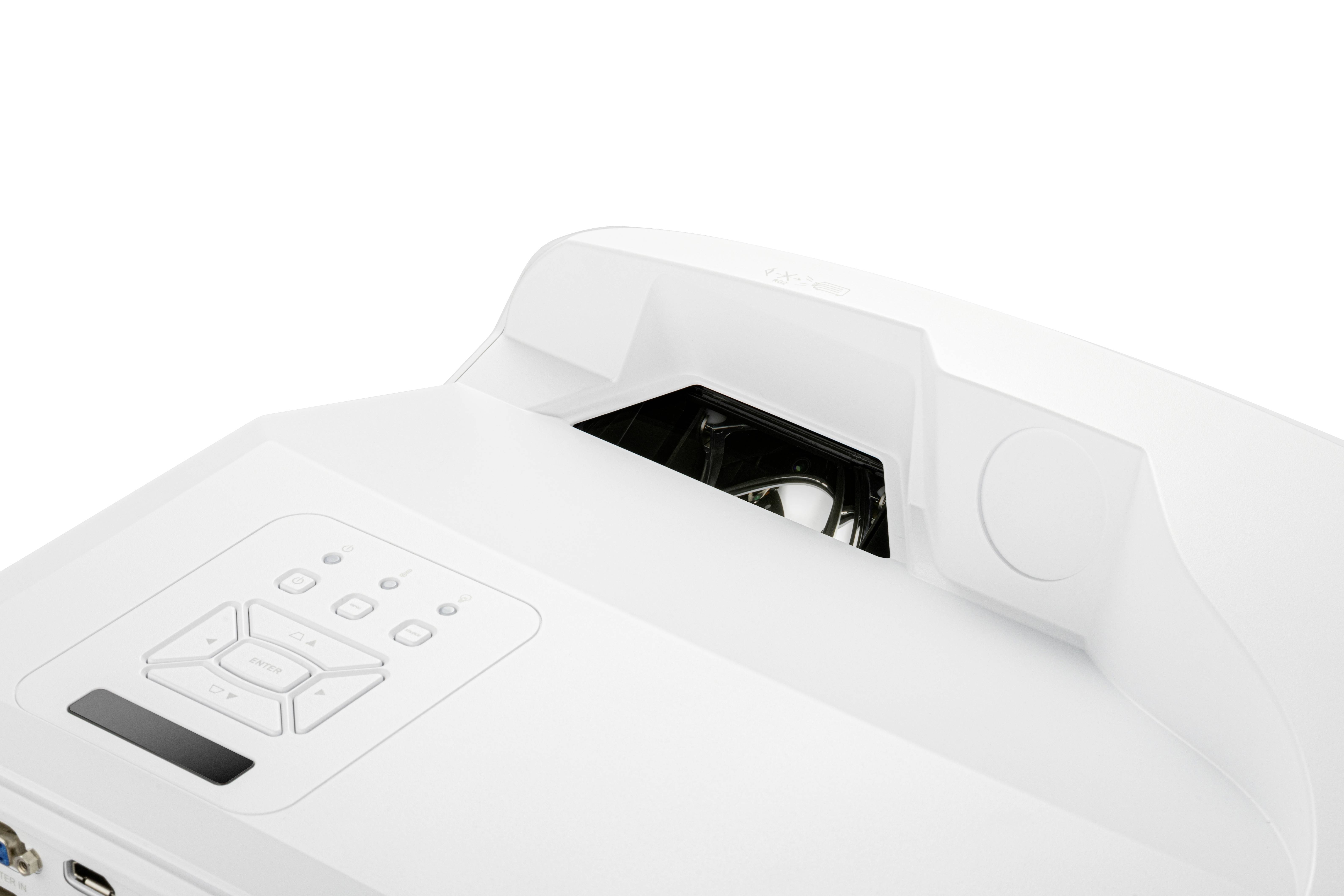 Ein weißer Projektor mit Bedientasten und Lüftungsschlitzen auf der Oberseite, bereit zur Projektion.