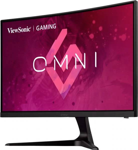 'ViewSonic GAMING OMNI'-Monitor mit gebogenem Bildschirm, schwarzem Standfuß, auf einem roten Hintergrund.