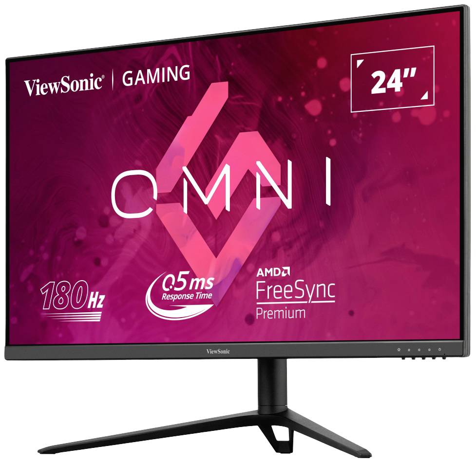 Monitor mit 24-Zoll-Display. Markenname oben links, Gaming-Label. Text: '180Hz', '0,5ms Reaktionszeit', 'AMD FreeSync Premium'.