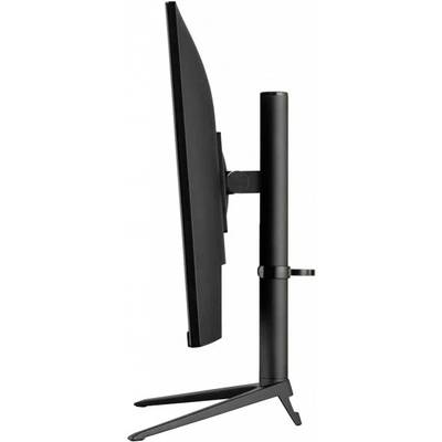 Seitenansicht eines schwarzen Computermonitors auf einem höhenverstellbaren Ständer. Der Monitor ist schlank und modern gestaltet.