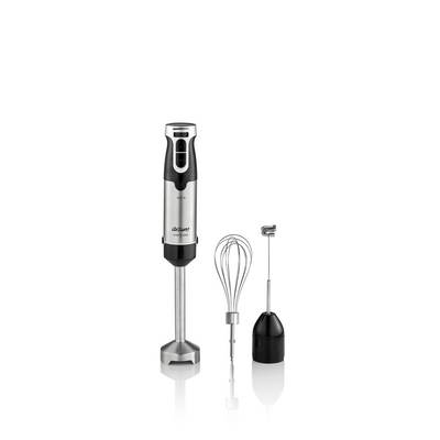 Handmixer-Set mit einem Hauptelement aus Edelstahl, Schneebesenaufsatz und kleinem Hackmesseraufsatz. Geeignet für vielseitiges Mixen.