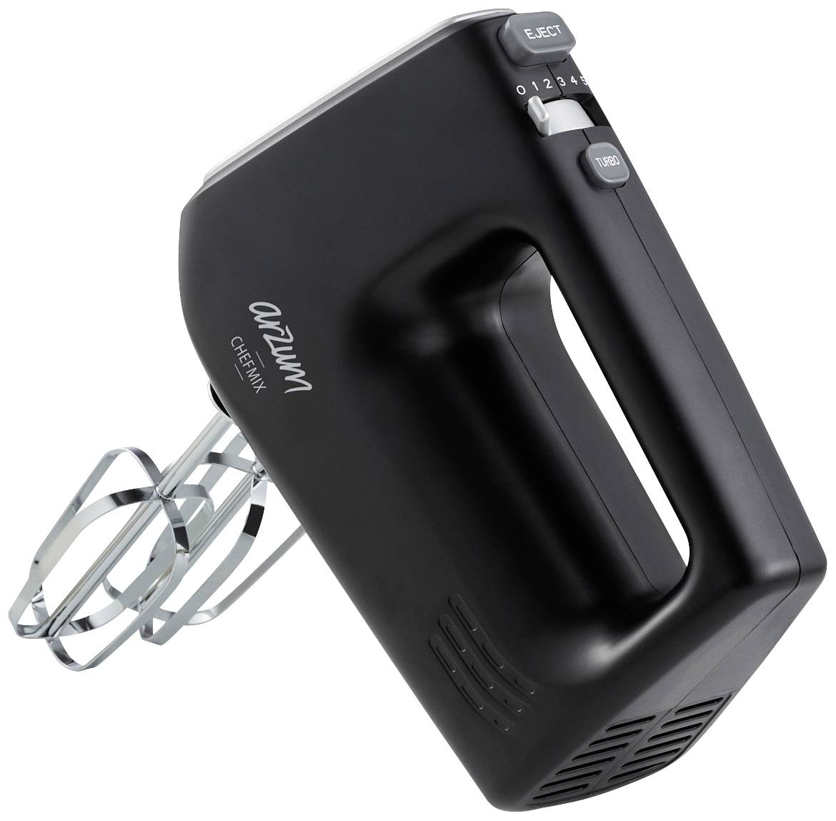 Schwarzer Handmixer mit zwei Quirlen, seitliche Bedienknöpfe in Grau, Markenname 'Arzum ChefMix' sichtbar.