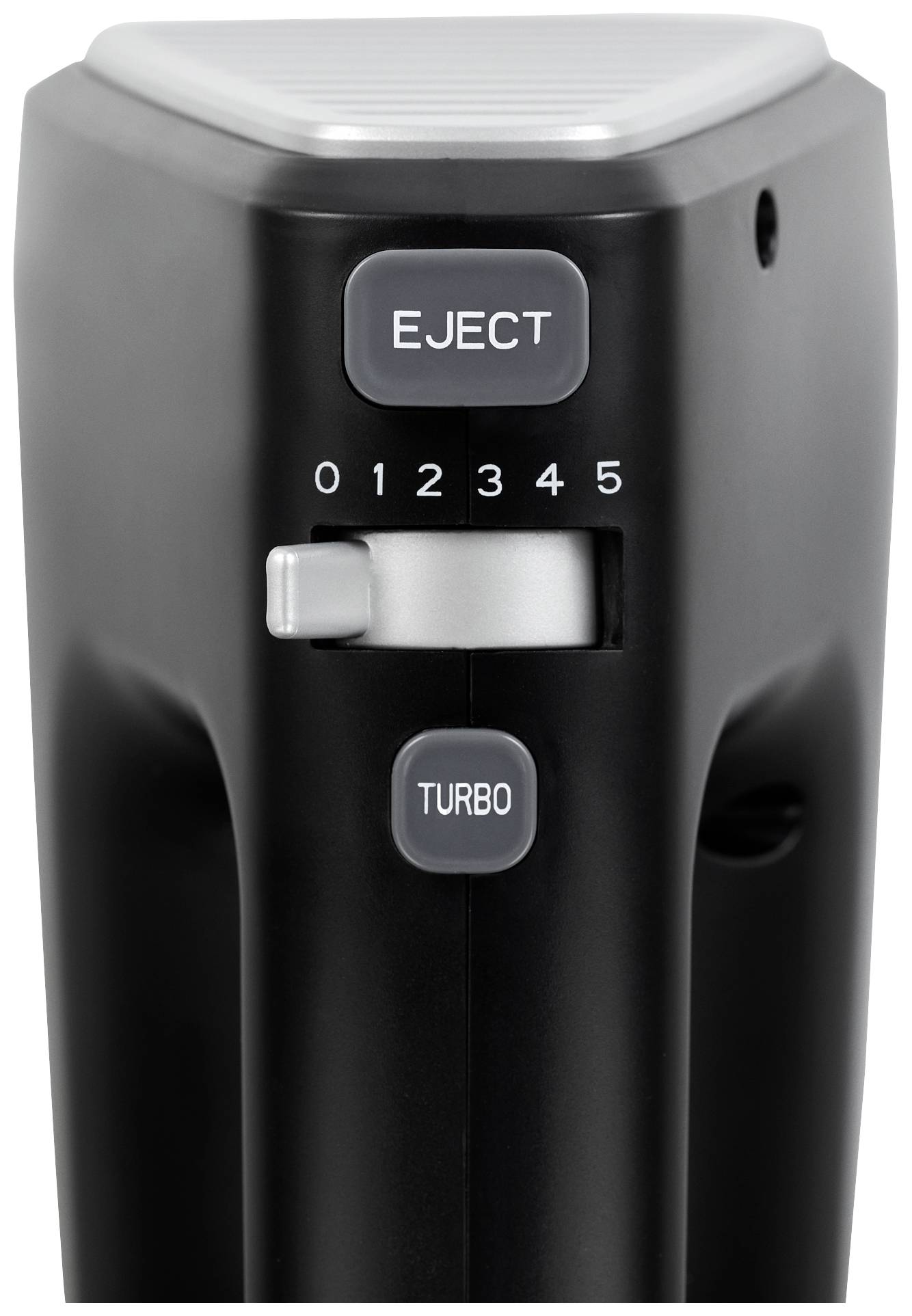 Schwarzer Mixergriff mit 'EJECT'-Taste, Geschwindigkeitsregler von 0 bis 5 und 'TURBO'-Taste.