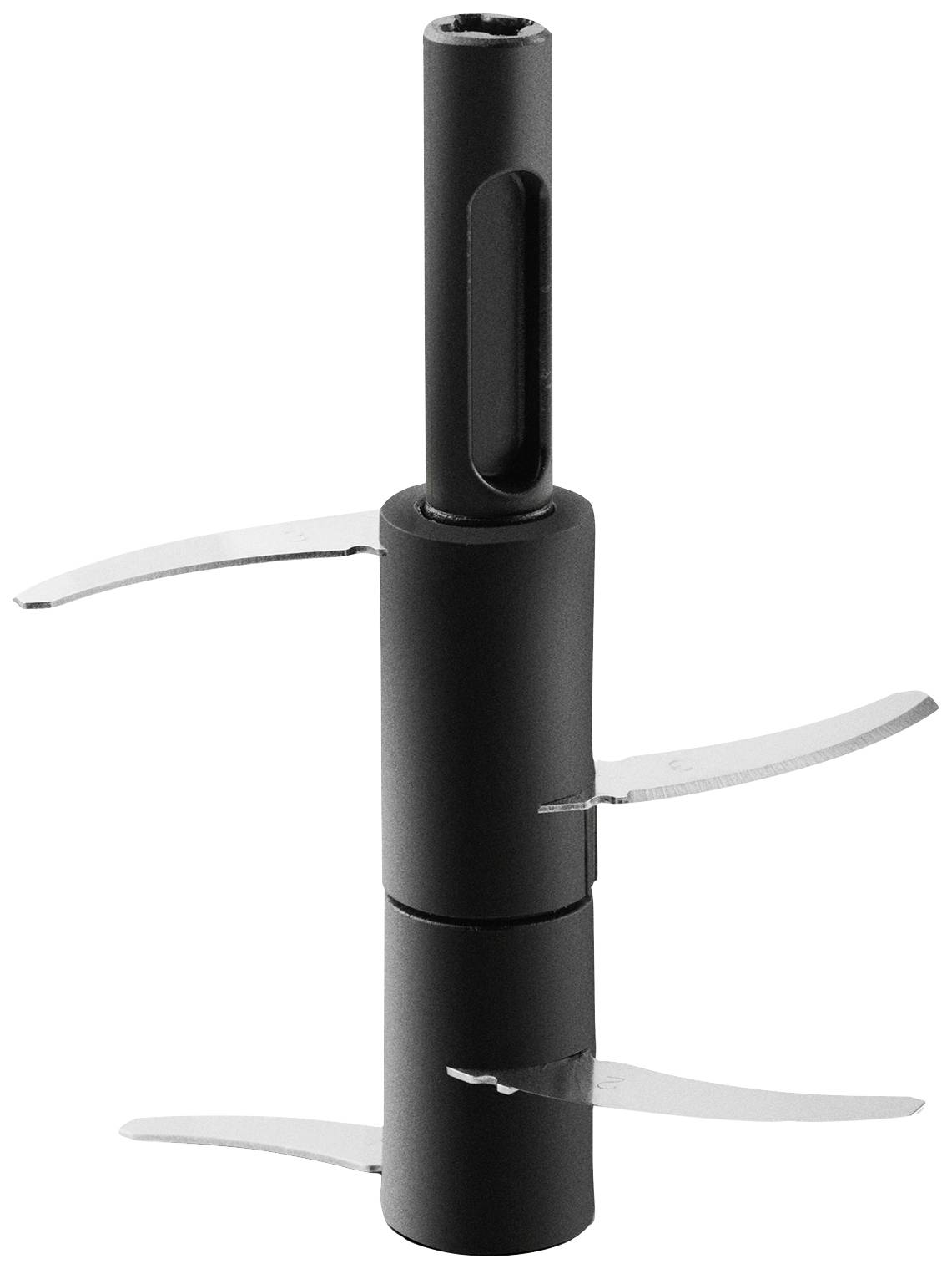 Ein schwarzer Werkzeugaufsatz mit drei hervorstehenden Metallklingen, die zur Bearbeitung von Materialien eingesetzt werden.