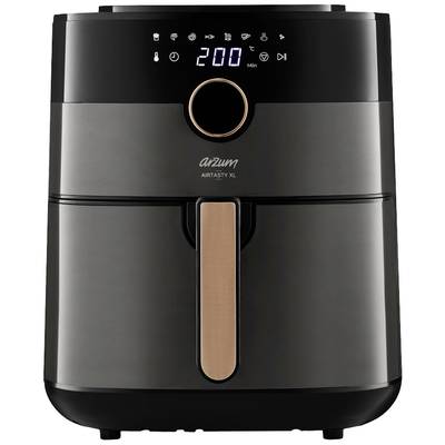 Schwarze Heißluftfritteuse mit digitalem Display zeigt 200 Grad. Art und Marke sind lesbar. Gerät ist für die Zubereitung von Speisen gedacht.