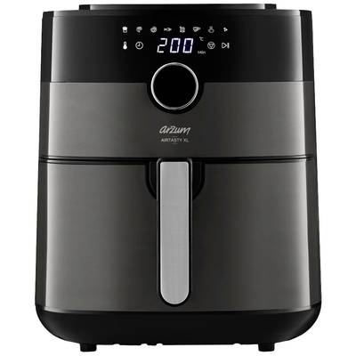 Eine schwarze Heißluftfritteuse mit digitalem Display, zeigt '200 Min' an. Markenlogo vorne sichtbar.