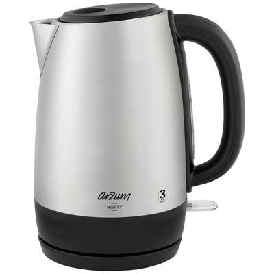 Ein silberner Wasserkocher mit schwarzem Griff und Boden. Aufdruck 'arzum HOTTY'.