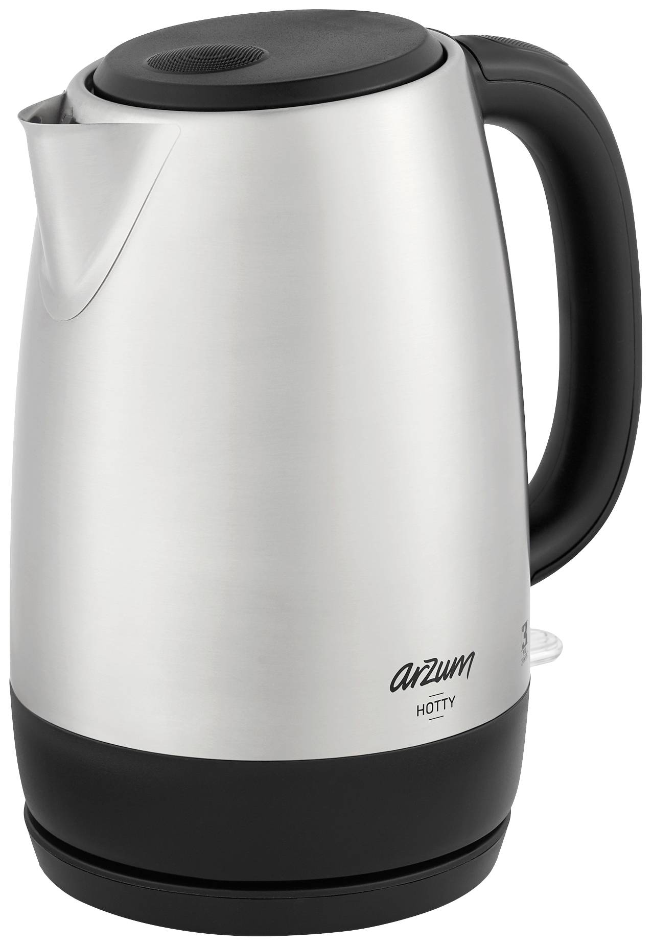 Wasserkocher aus Edelstahl mit schwarzem Griff und Basis, markiert mit 'arzum HOTTY'. Ideal für schnelles Erhitzen von Wasser.