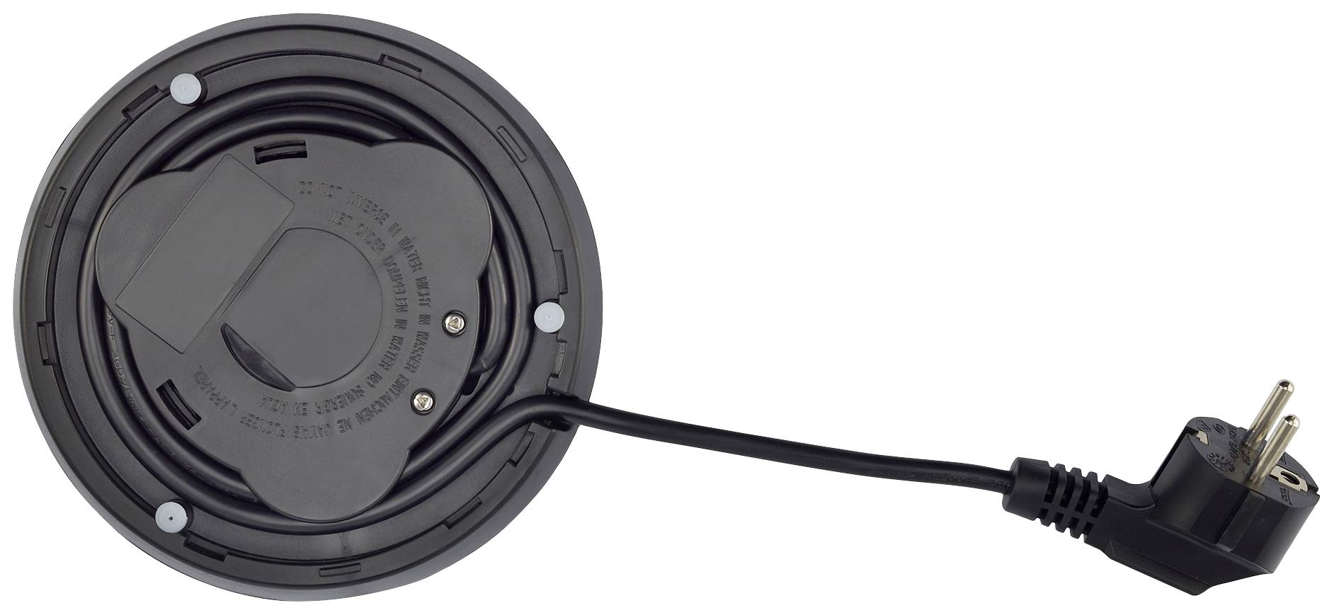 Ein runder, schwarzer elektrischer Sockel mit einem abnehmbaren Kabel und einem Eurostecker, geeignet für Haushaltsgeräte.