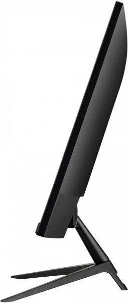 Ein seitlicher Blick auf einen schlanken Computerbildschirm, der auf einem stabilen, modernen Standfuß steht.