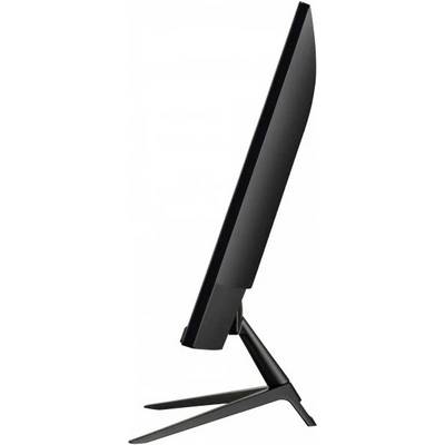Ein seitlicher Blick auf einen schlanken Computerbildschirm, der auf einem stabilen, modernen Standfuß steht.