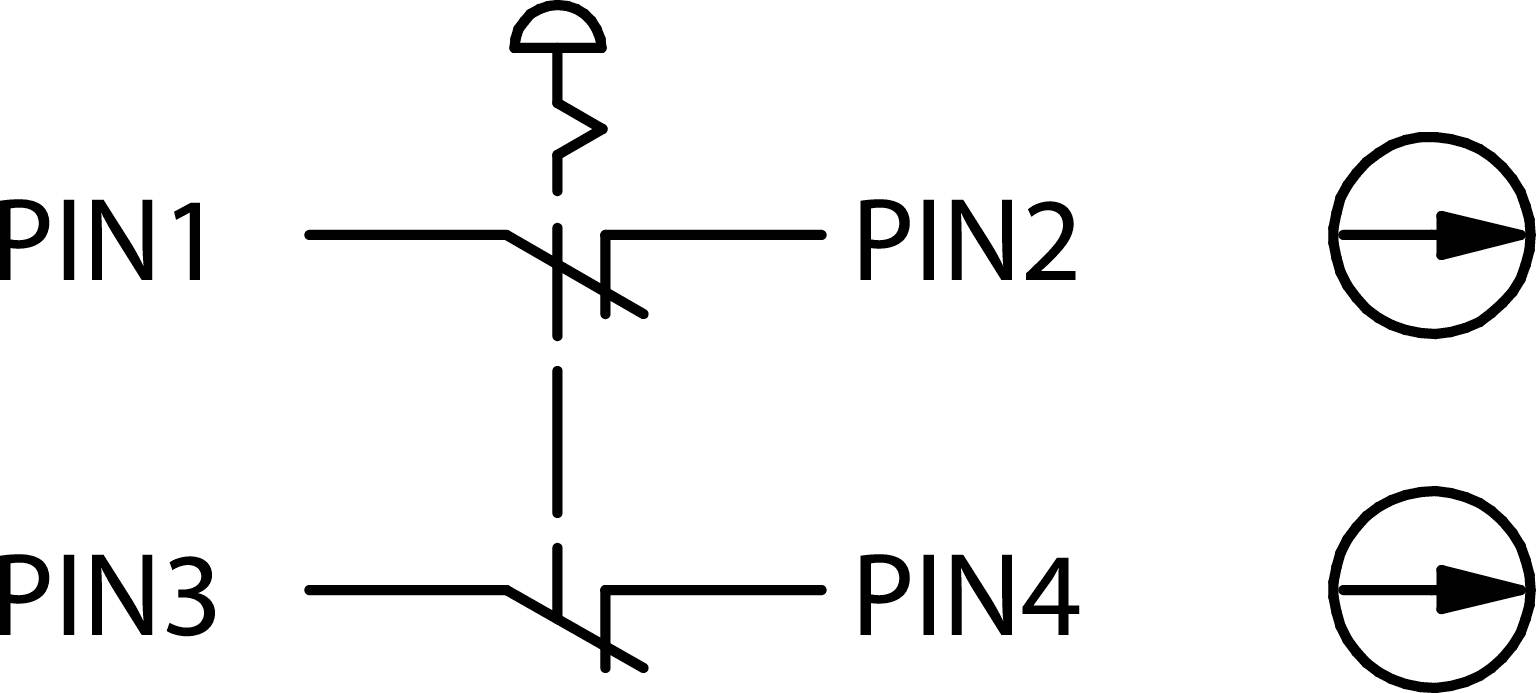'Elektrisches Schaltbild eines Transistors, zeigt die Anschlüsse PIN1, PIN2, PIN3 und PIN4 sowie zwei symmetrische Dioden.'