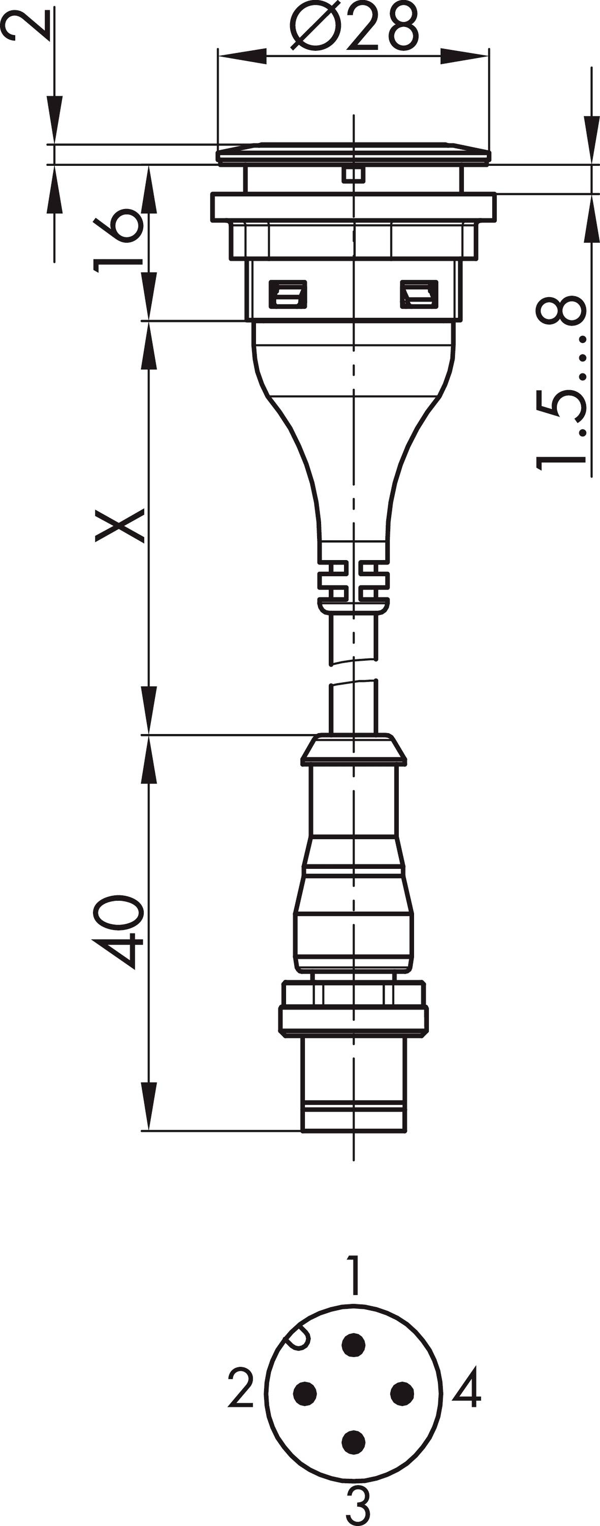 Technische Zeichnung eines Steckers mit Abmessungen. Oben: Durchmesser 28 mm, Länge 40 mm. Unten: Pin-Layout mit Beschriftung 1-4.