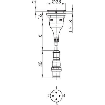 Technische Zeichnung eines Steckers mit Abmessungen. Oben: Durchmesser 28 mm, Länge 40 mm. Unten: Pin-Layout mit Beschriftung 1-4.