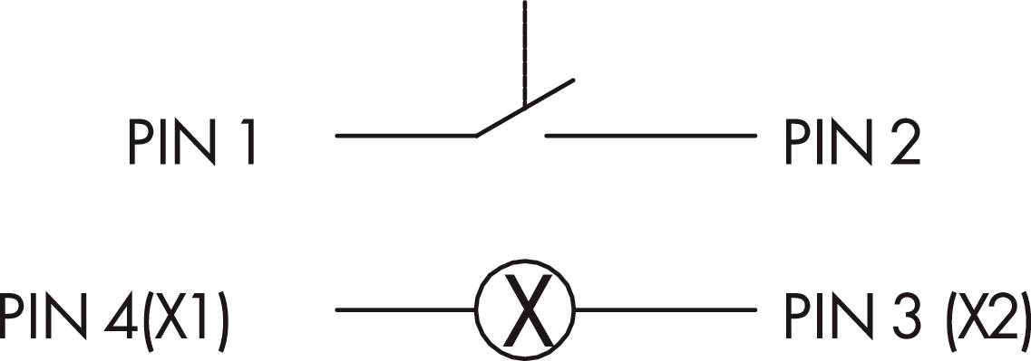 Schaltsymbol zeigt eine Wechselschaltung mit Pins: PIN 1 zu PIN 2, PIN 4(X1) zu PIN 3(X2), X in der Mitte verbindet die unteren Pins.