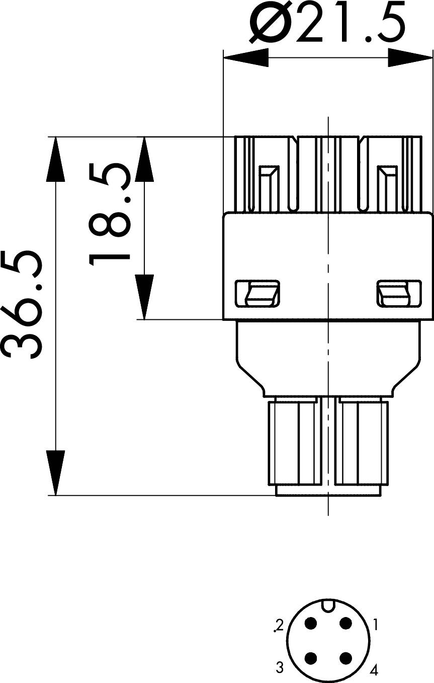 Technische Zeichnung eines Steckers mit Seiten- und Vorderansicht. Maße: Länge 36,5 mm, Durchmesser 21,5 mm, Höhe 18,5 mm.
