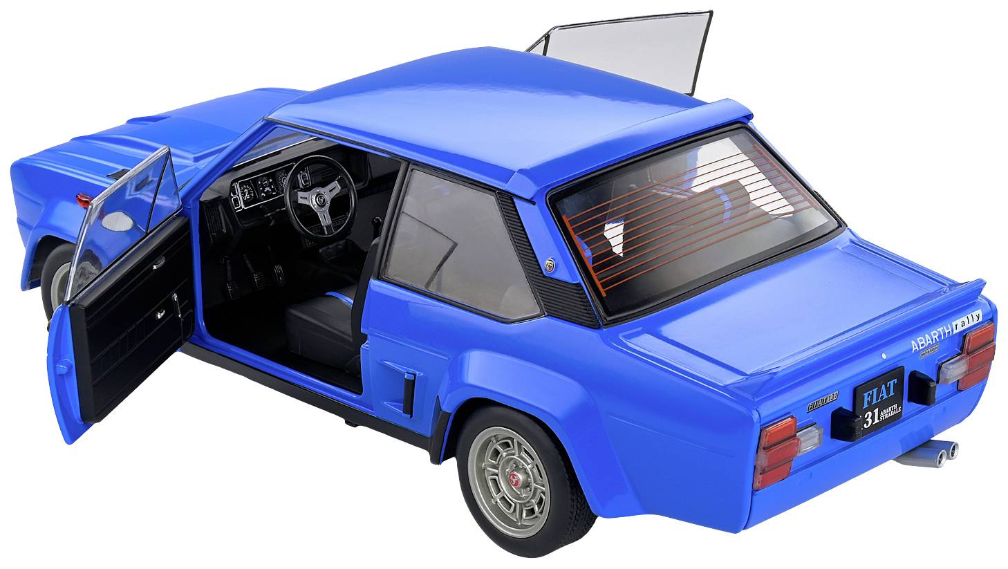 Ein blauer Fiat 131 Mirafiori mit geöffneten Türen, gezeigt von hinten. Das Interieur ist sichtbar. Modellauto auf weißem Hintergrund.