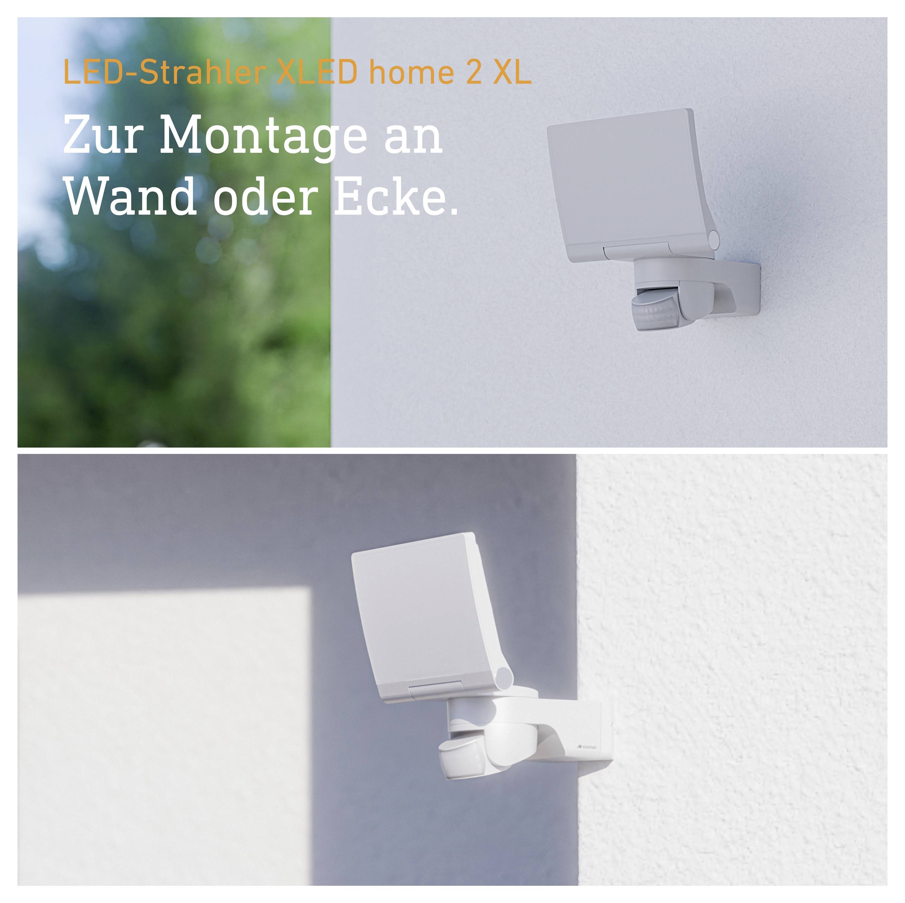 Werbebild für den LED-Strahler 'XLED home 2 XL' zur Montage an Wand oder Ecke, mit Produktfoto und montiertem Strahler im Einsatz<br>