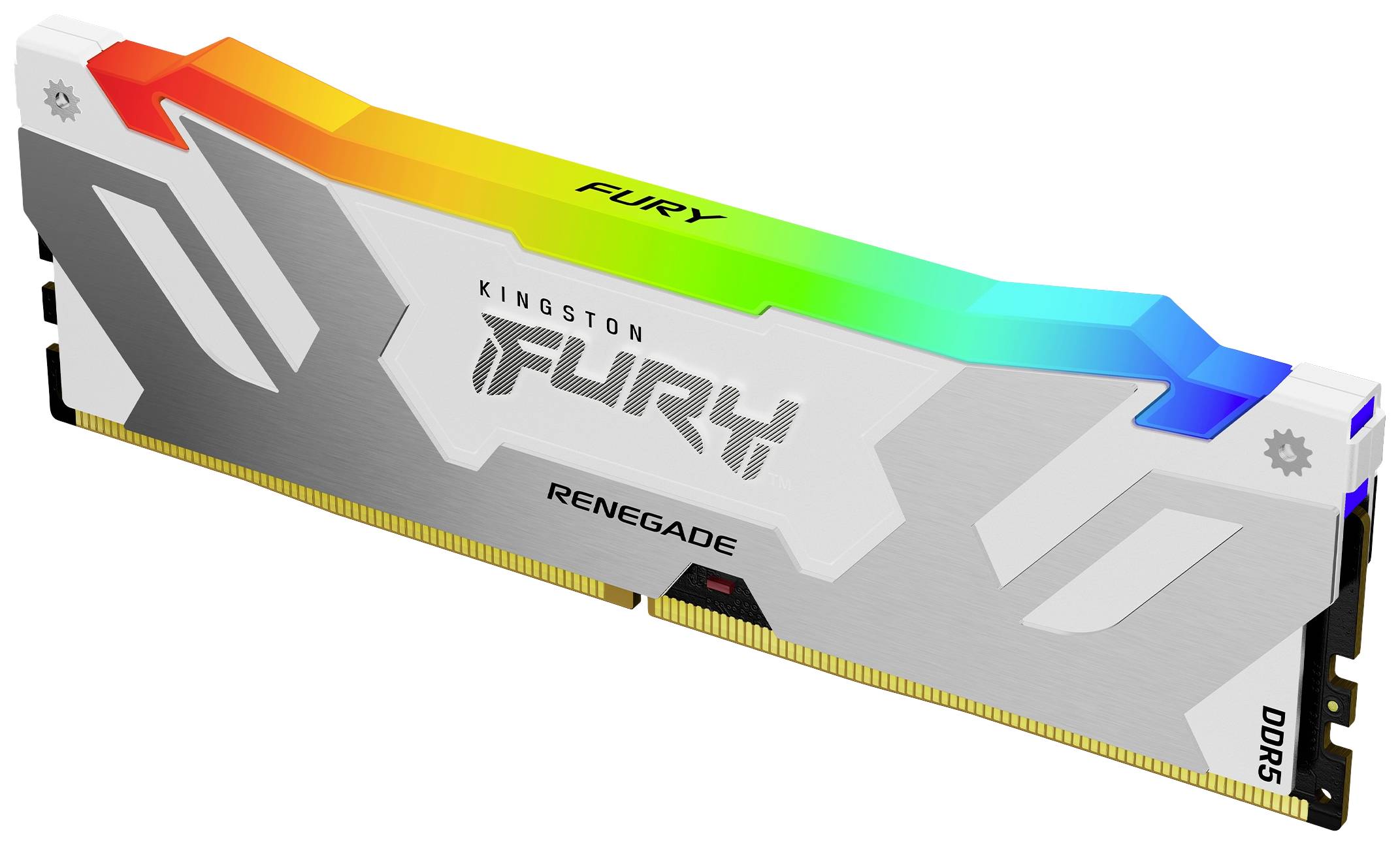 RAM-Modul 'Kingston Fury Renegade DDR5' mit RGB-Beleuchtung, silbernes Design mit farbigen Lichtern entlang der Oberkante.
