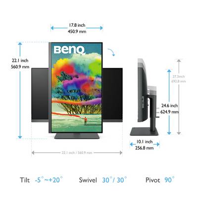 Monitor mit drehbarem Display und neigbarem Standfuß. Größenangaben in Zoll und Millimeter für Breite und Höhe.
